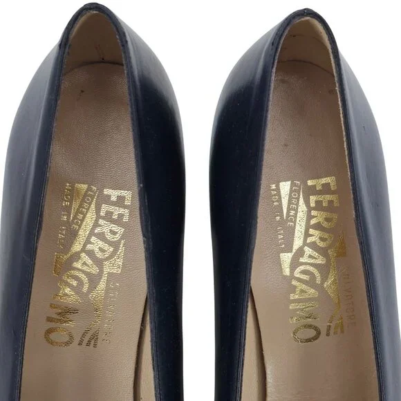 Vintage Salvatore Ferragamo Womens 9AA Navy Leather Reptile Embossed Dress Pumps - Picture 7 of 9